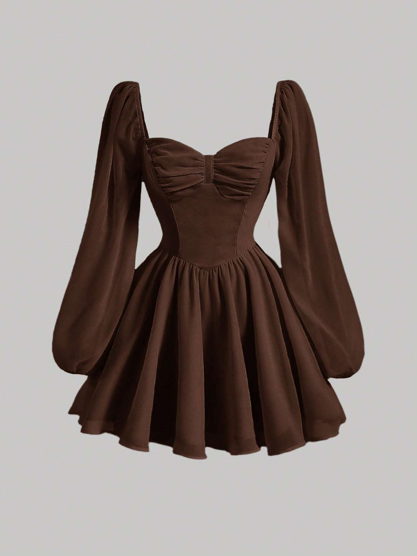 MOD Sweetheart Neck Lantern Sleeve Ruched Bust Dress shein