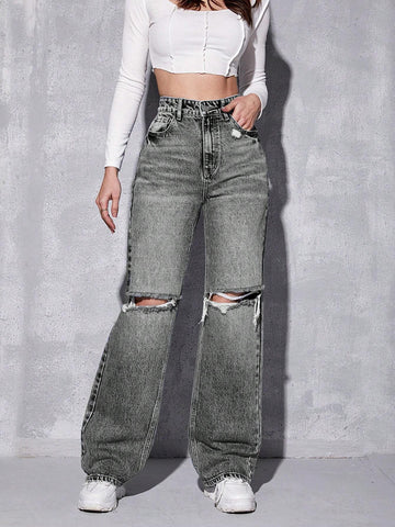 EZwear High Waist Ripped Jeans shein