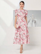 Modely Allover Floral Print Puff Sleeve Belted Dress Shein
