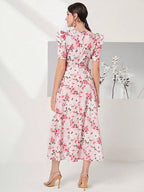 Modely Allover Floral Print Puff Sleeve Belted Dress Shein