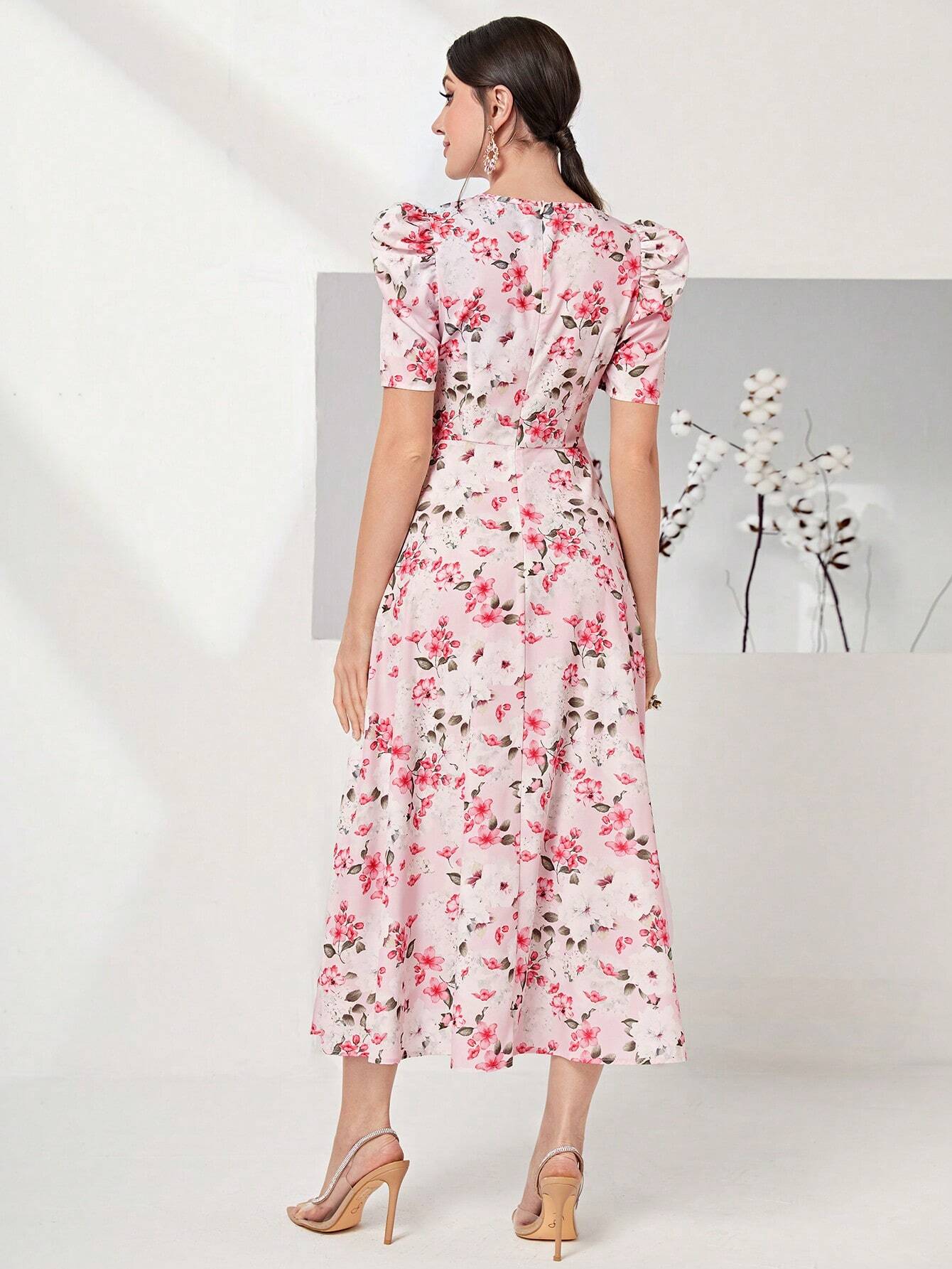 Modely Allover Floral Print Puff Sleeve Belted Dress Shein