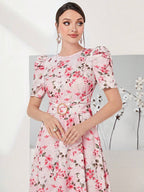 Modely Allover Floral Print Puff Sleeve Belted Dress Shein