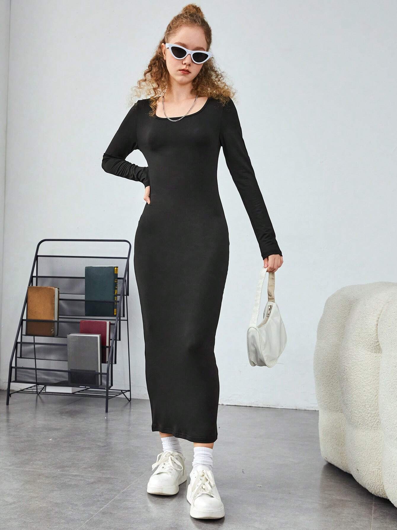 Teenage Girls' Casual Simple And Versatile All-Match Long Sleeve Knee-Length Dress shein