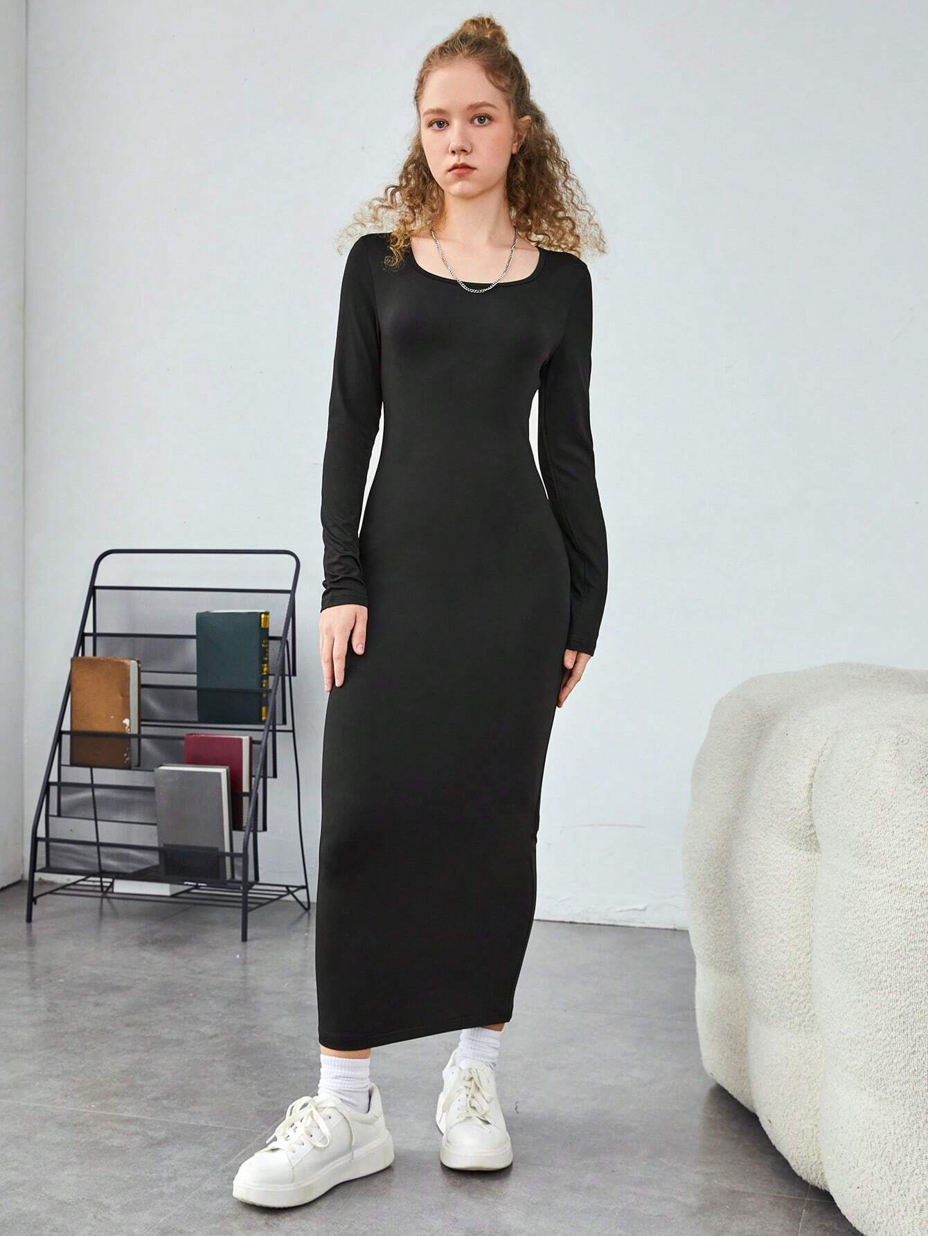 Teenage Girls' Casual Simple And Versatile All-Match Long Sleeve Knee-Length Dress shein