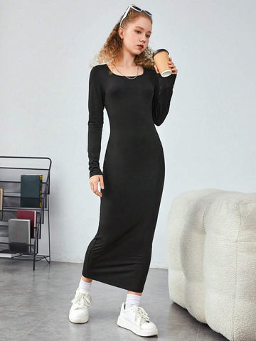 Teenage Girls' Casual Simple And Versatile All-Match Long Sleeve Knee-Length Dress shein