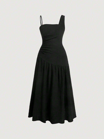 MOD Solid Asymmetrical Neck Ruched Dress