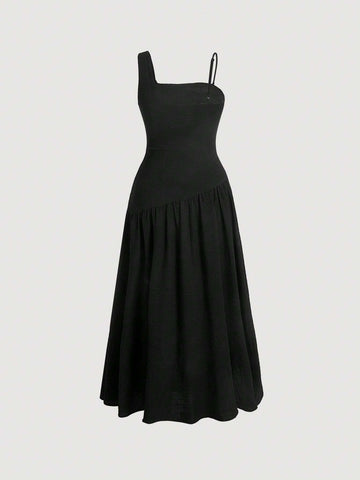 MOD Solid Asymmetrical Neck Ruched Dress