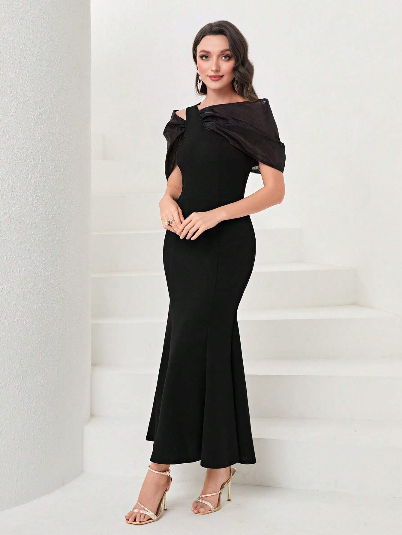 Modely Asymmetrical Neck Puff Sleeve Mermaid Hem Dress Without Belt shein