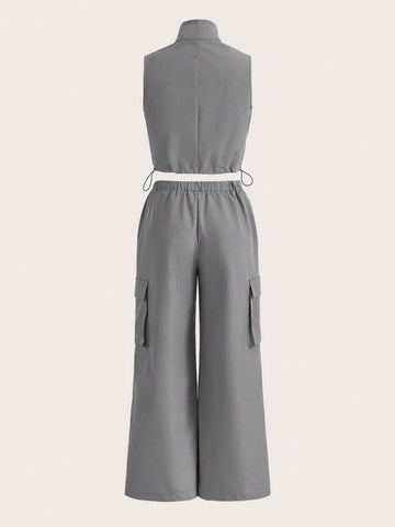 EZwear Flap Pocket Drawstring Hem Crop Top & Wide Leg Pants shein