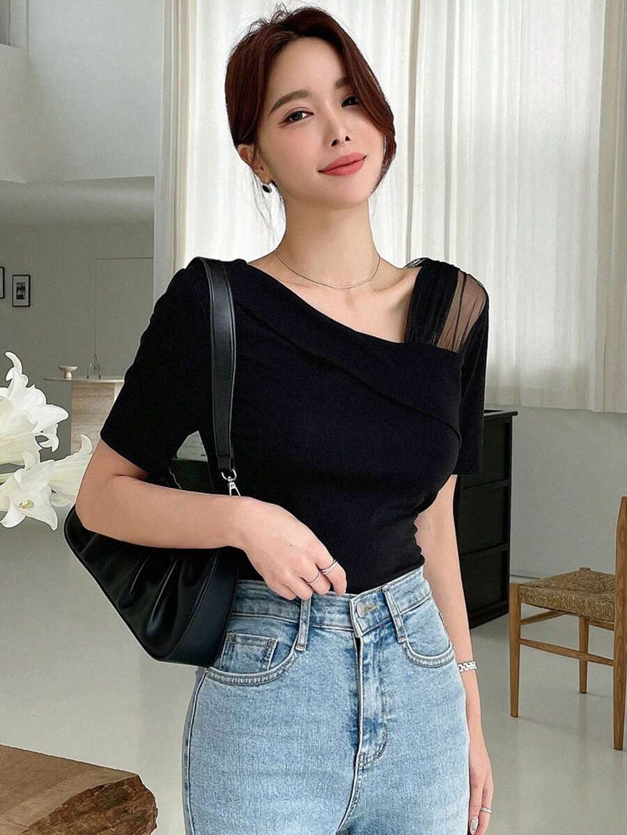 DAZY Contrast Mesh Asymmetrical Neck Tee shein