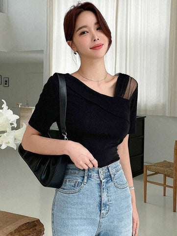 DAZY Contrast Mesh Asymmetrical Neck Tee