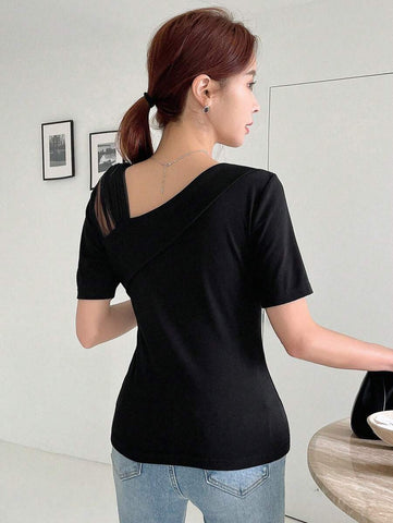 DAZY Contrast Mesh Asymmetrical Neck Tee