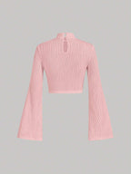 MOD Mock Neck Wave Jacquard Texture Long Bell Sleeve Crop Tee shein