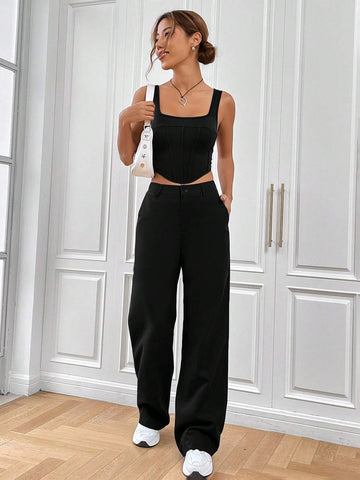 EZwear Solid Crop Tank Top & Pants shein