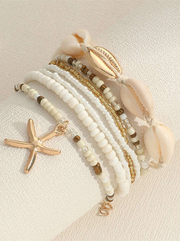 7pcs Bohemian Style Beaded Bracelets With Shell, Beads & Starfish Pendants shein