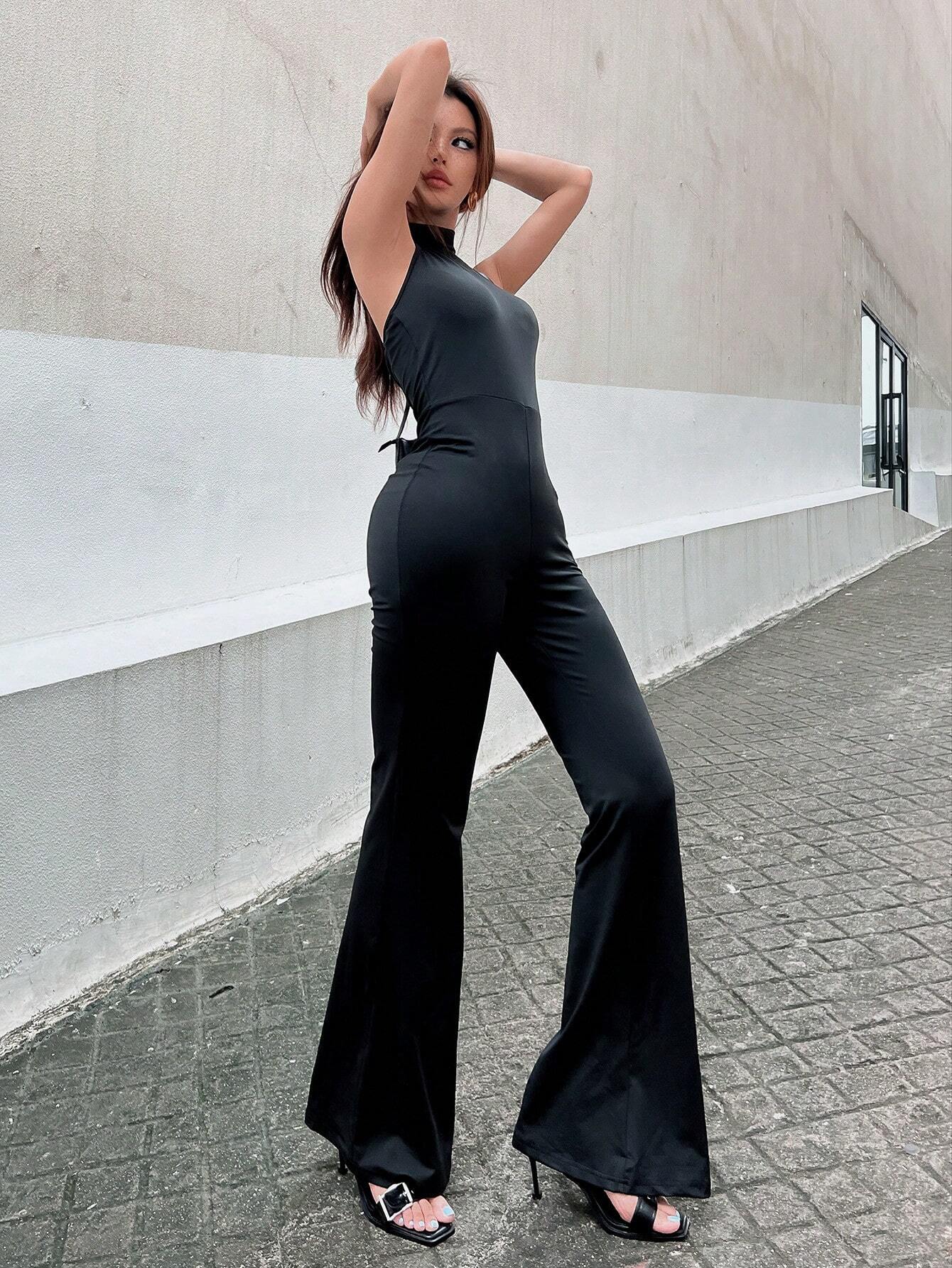 Essnce Solid Halter Neck Jumpsuit shein