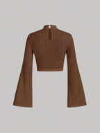 MOD Mock Neck Wave Jacquard Texture Long Bell Sleeve Crop Tee shein