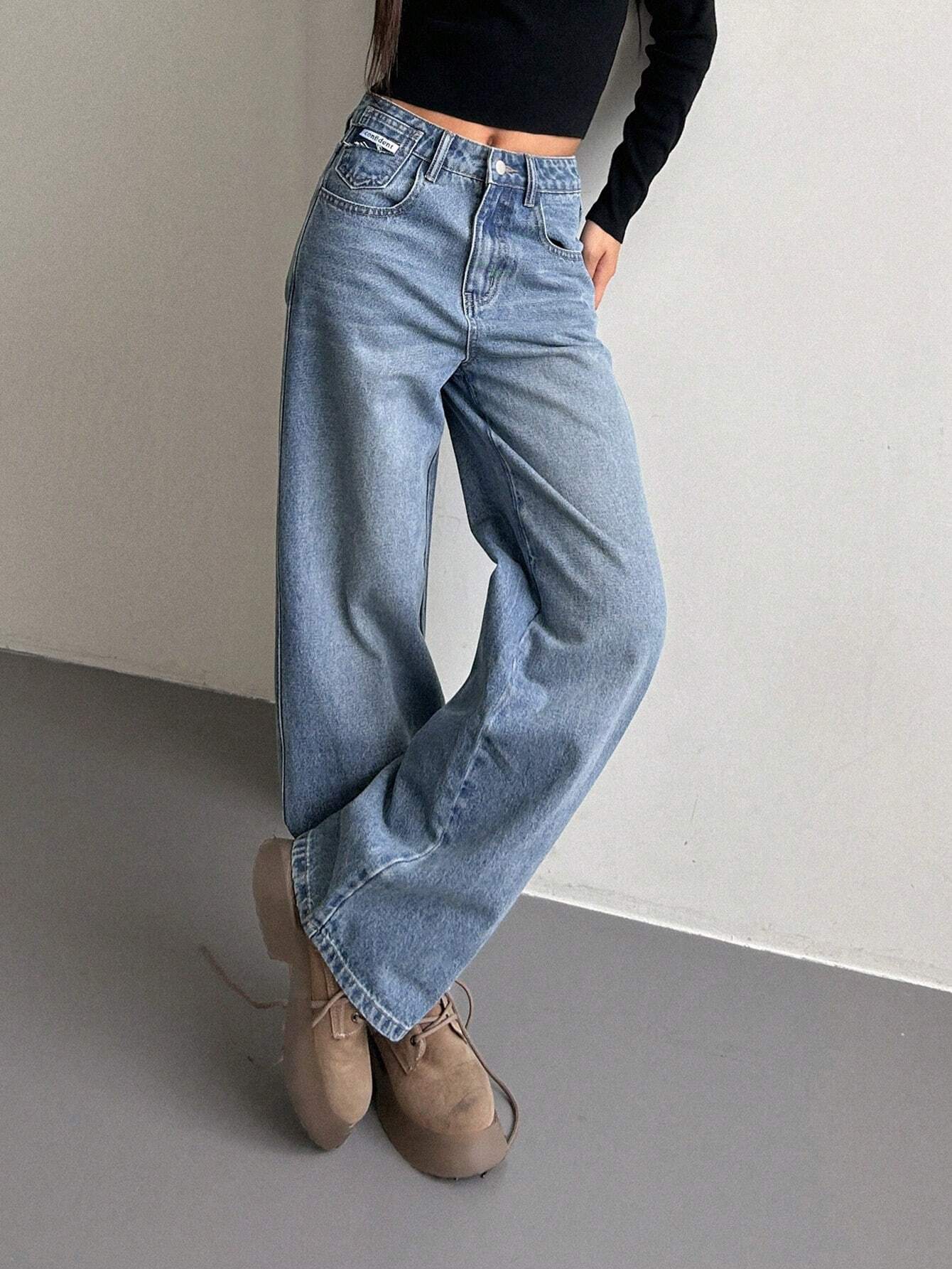 DAZY Bow Print Zipper Fly Wide Leg Jeans shein