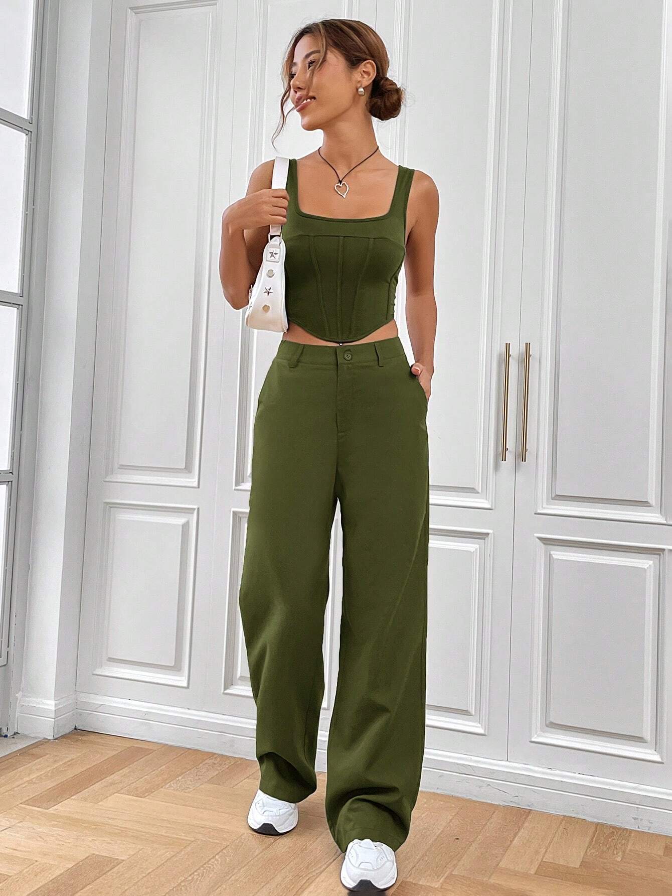 EZwear Solid Crop Tank Top & Pants shein