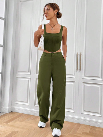 EZwear Solid Crop Tank Top & Pants shein