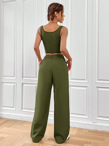 EZwear Solid Crop Tank Top & Pants shein