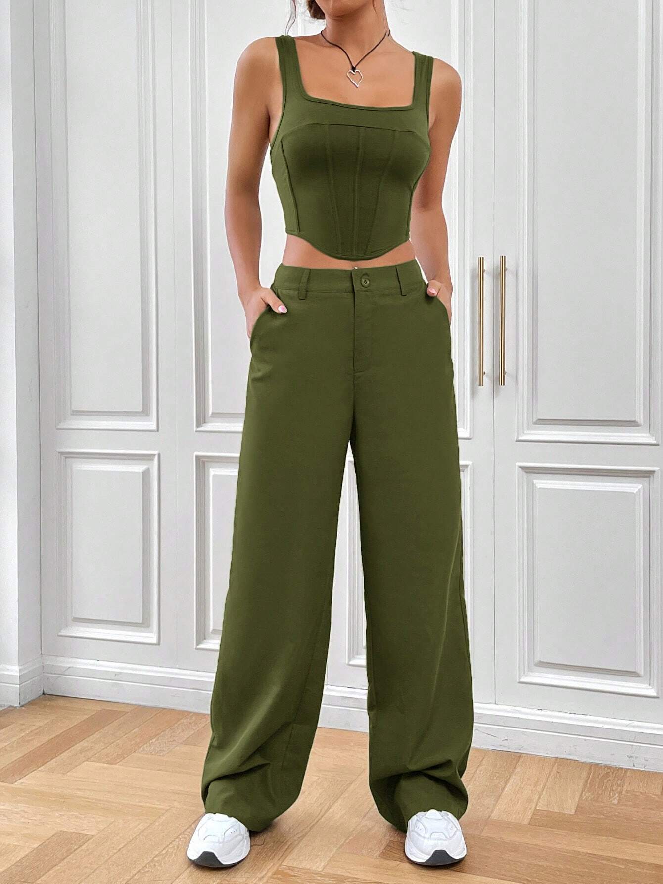 EZwear Solid Crop Tank Top & Pants shein