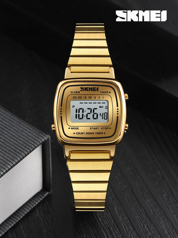 1pc Women Gold Stainless Steel Strap Fashionable Calendars Alarm Water Resistant Digital Watch