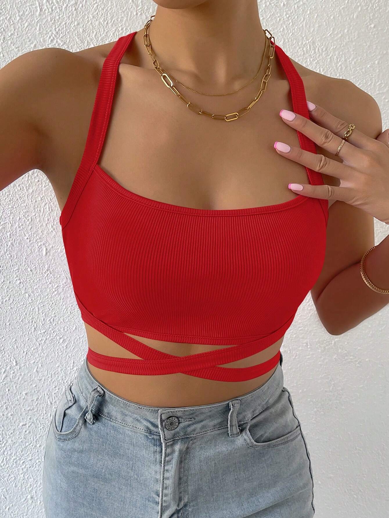 BAE Crisscross Tie Back Crop Halter Top shein