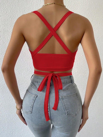 BAE Crisscross Tie Back Crop Halter Top shein