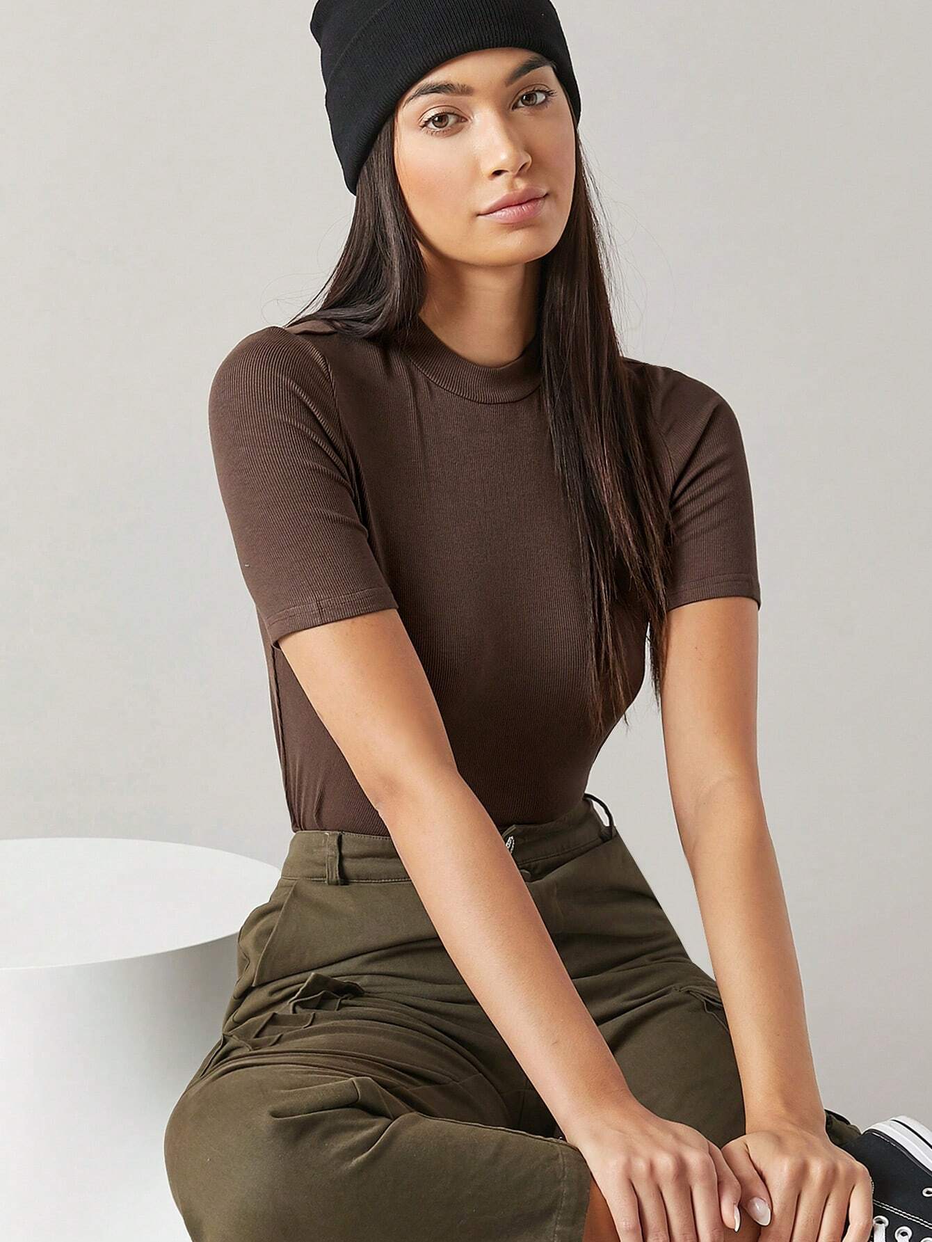 BASICS Mock-Neck Rib-knit Top shein