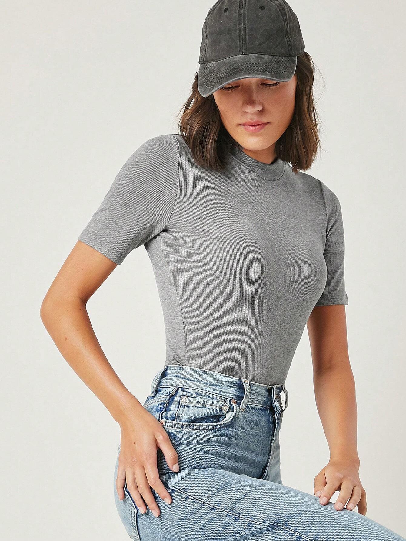 BASICS Mock-Neck Rib-knit Top shein