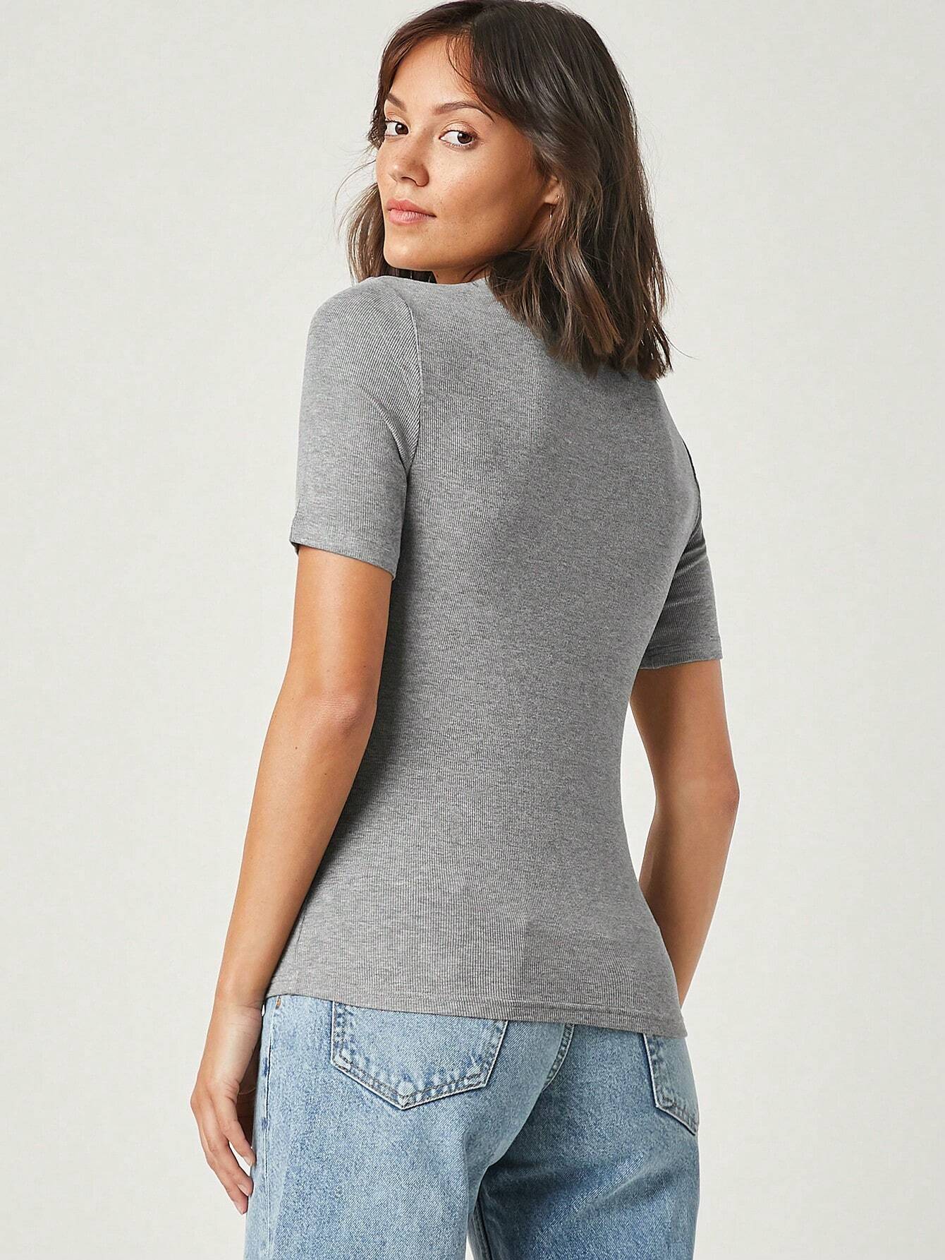 BASICS Mock-Neck Rib-knit Top shein