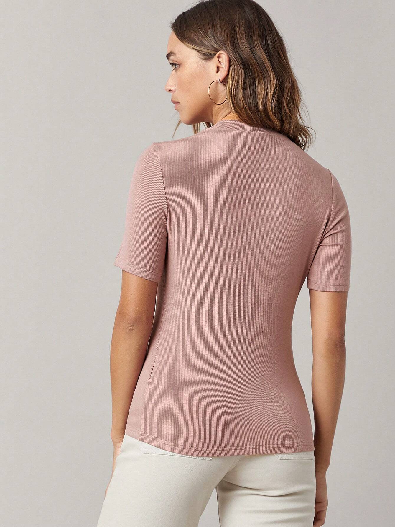 BASICS Mock-Neck Rib-knit Top shein