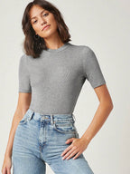 BASICS Mock-Neck Rib-knit Top shein