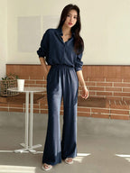 DAZY Solid Button Front Shirt & Flare Leg Pants shein