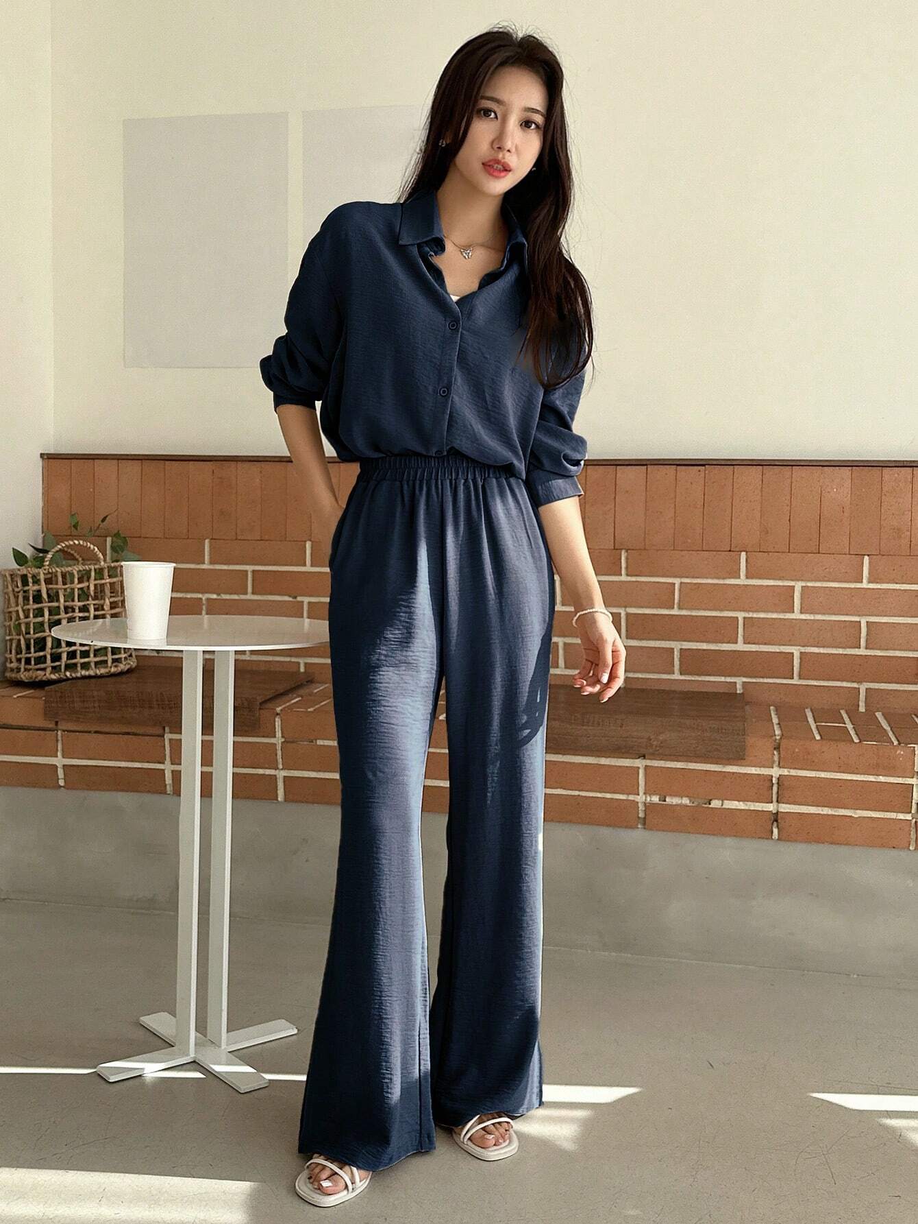 DAZY Solid Button Front Shirt & Flare Leg Pants shein