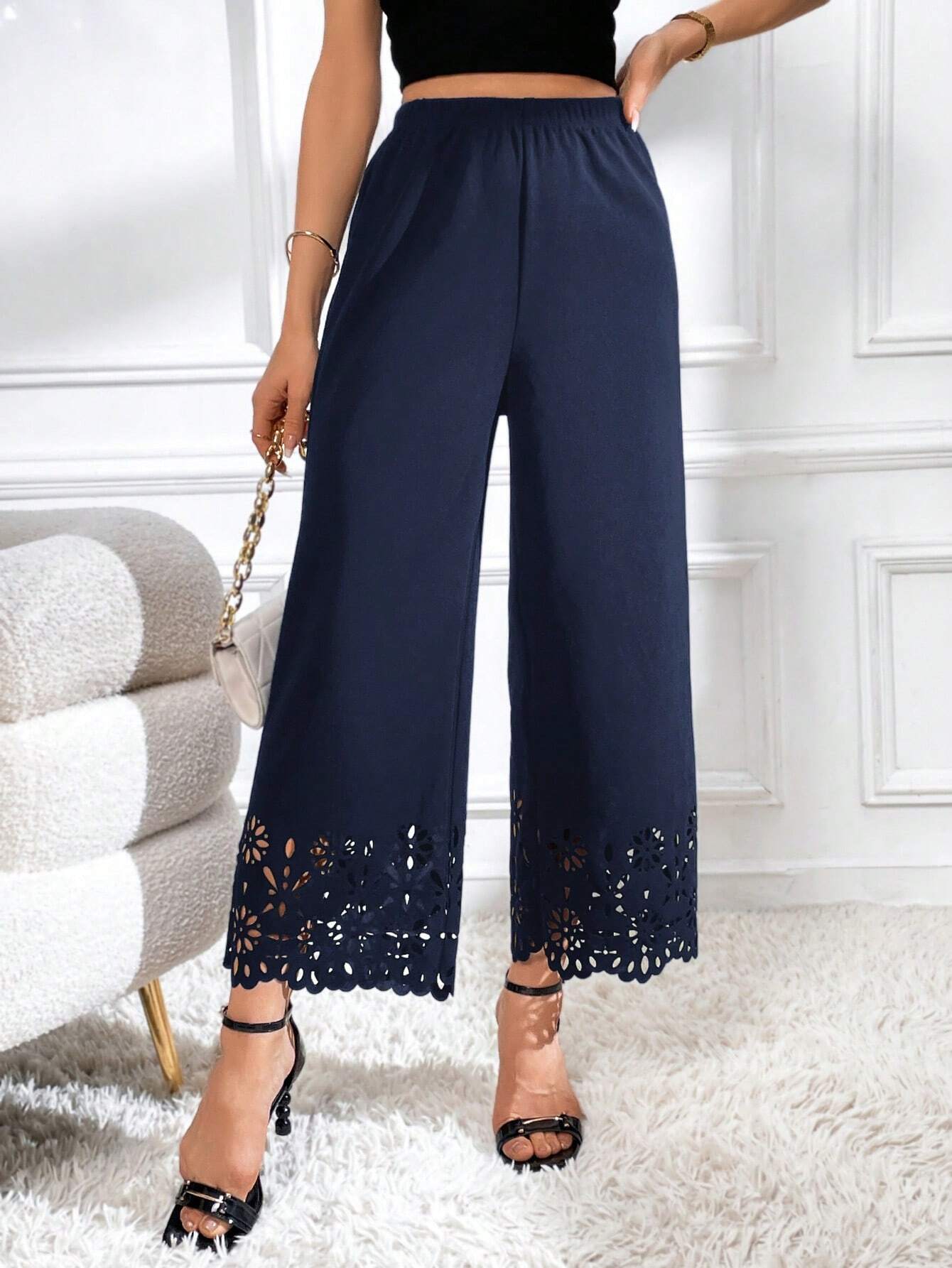 Priv� Laser Cut Out Wide Leg Pants shein