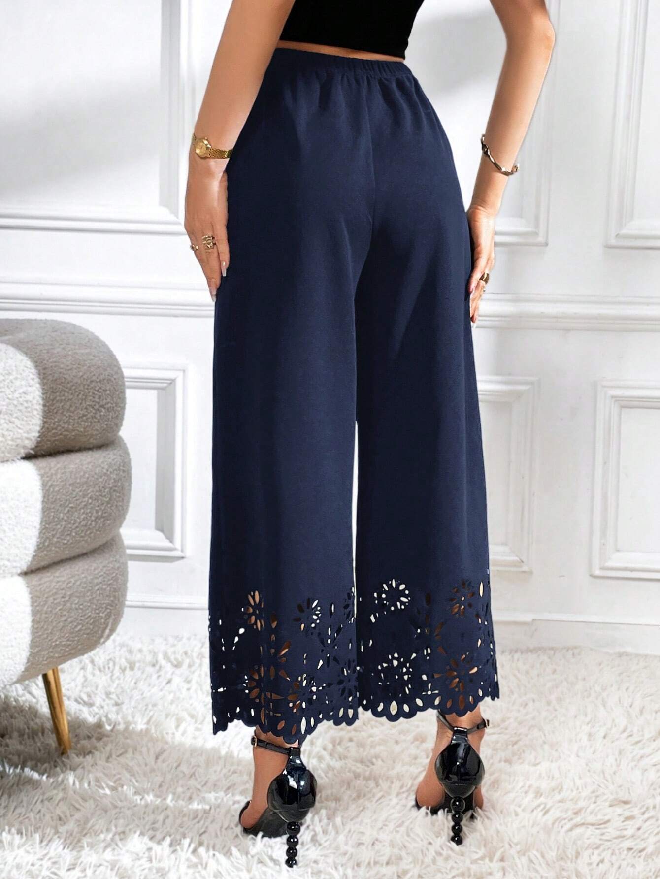 Priv� Laser Cut Out Wide Leg Pants shein