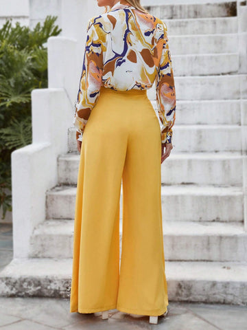 Clasi Graphic Print Shirt & Wide Leg Pants shein