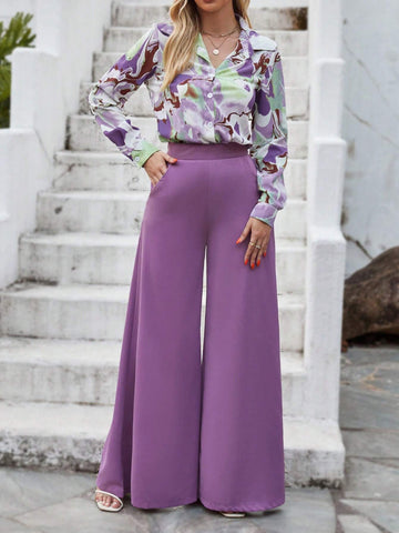 Clasi Graphic Print Shirt & Wide Leg Pants shein