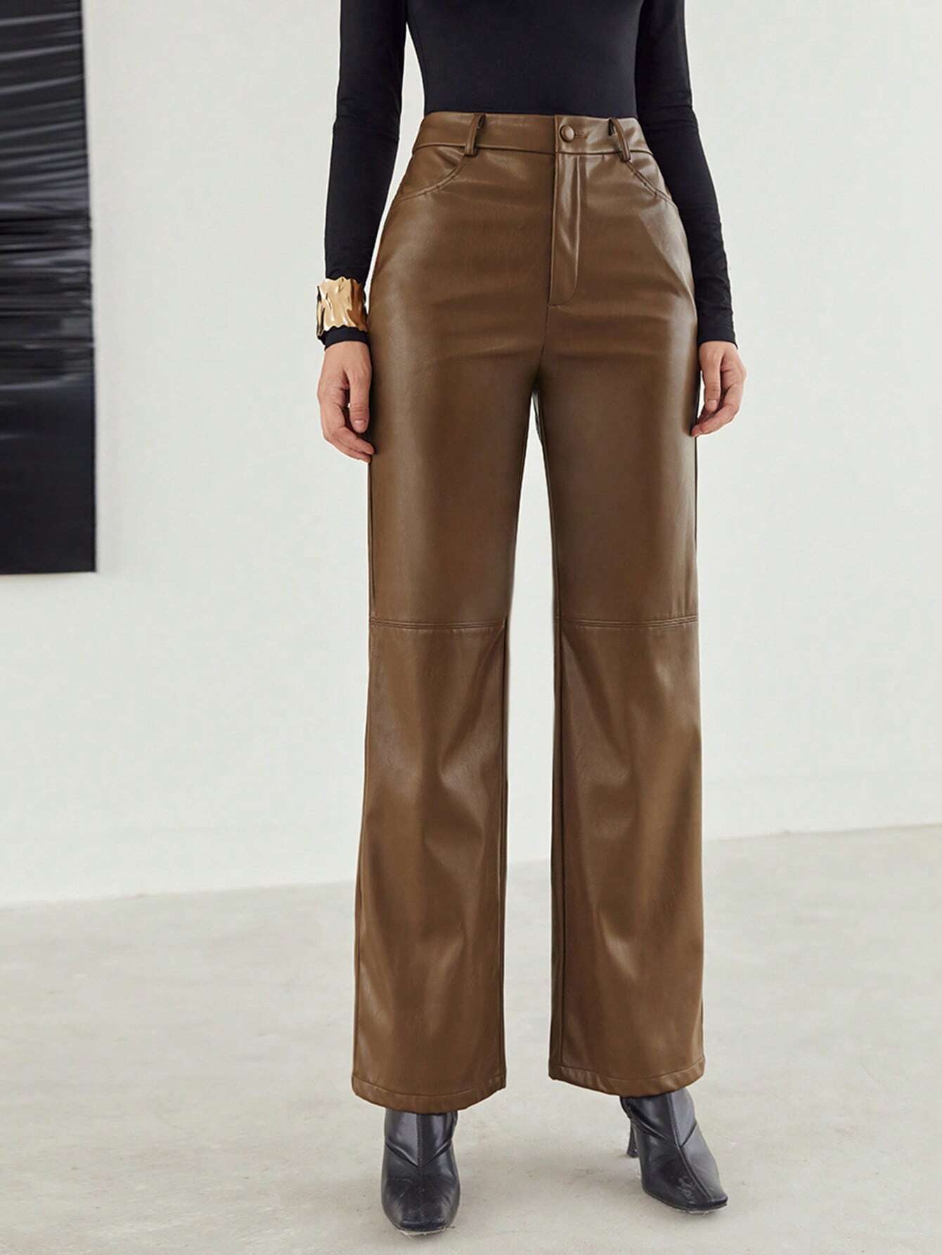 BIZwear Zipper Fly Palazzo PU Pants Workwear shein