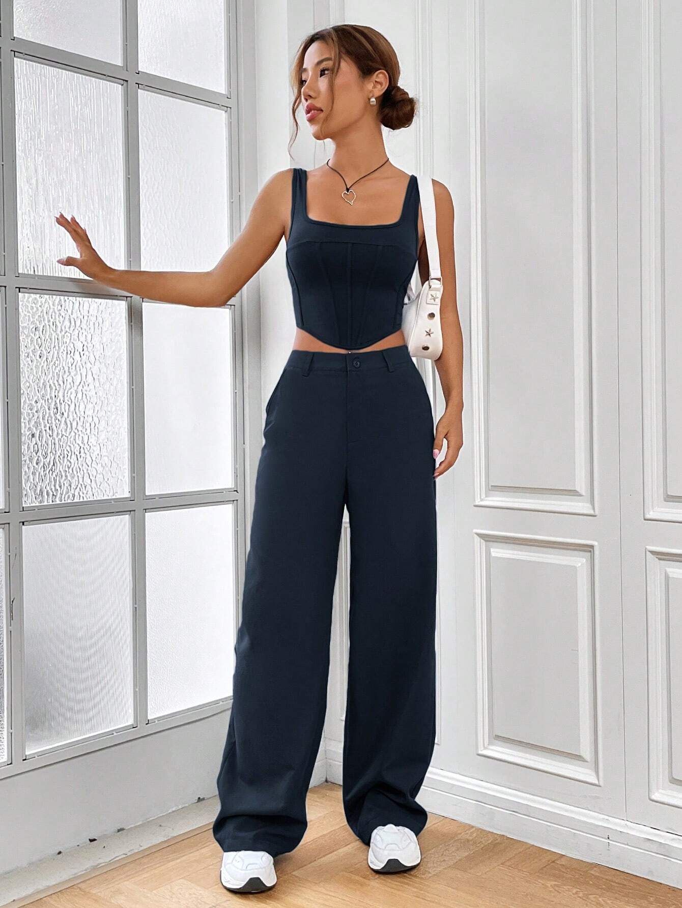 EZwear Solid Crop Tank Top & Pants shein