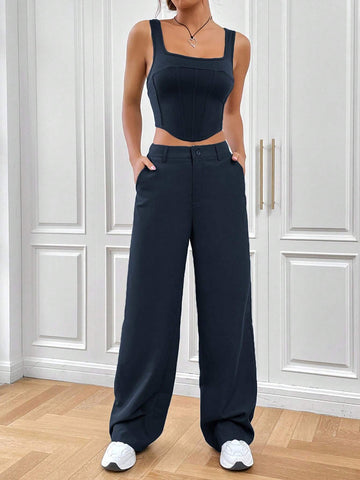 EZwear Solid Crop Tank Top & Pants shein