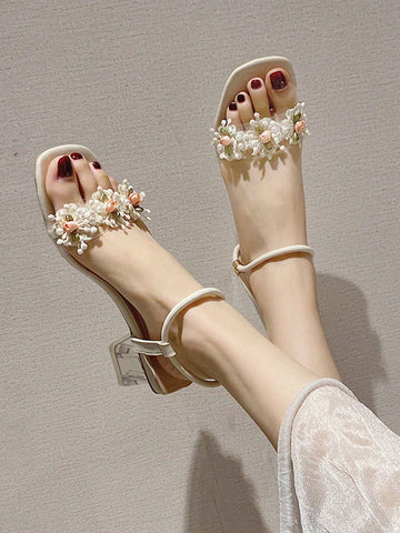 Women Flower Decor Clear Chunky Heeled Ankle Strap Sandals shein