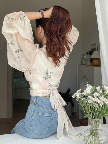 DAZY Floral Print Tie Back Lantern Sleeve Blouse