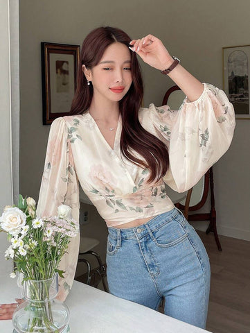 DAZY Floral Print Tie Back Lantern Sleeve Blouse