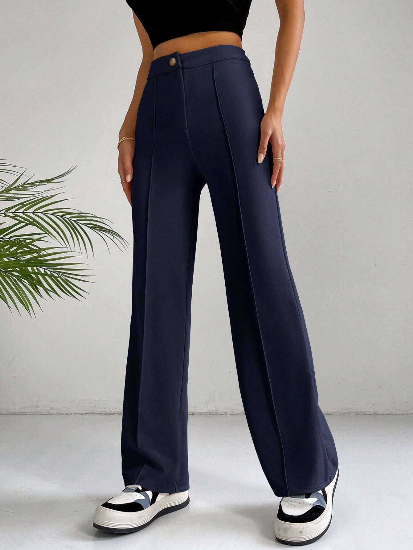 EZwear Y2k Solid Zipper Fly Seam Detail Pants Flare Leggings shein