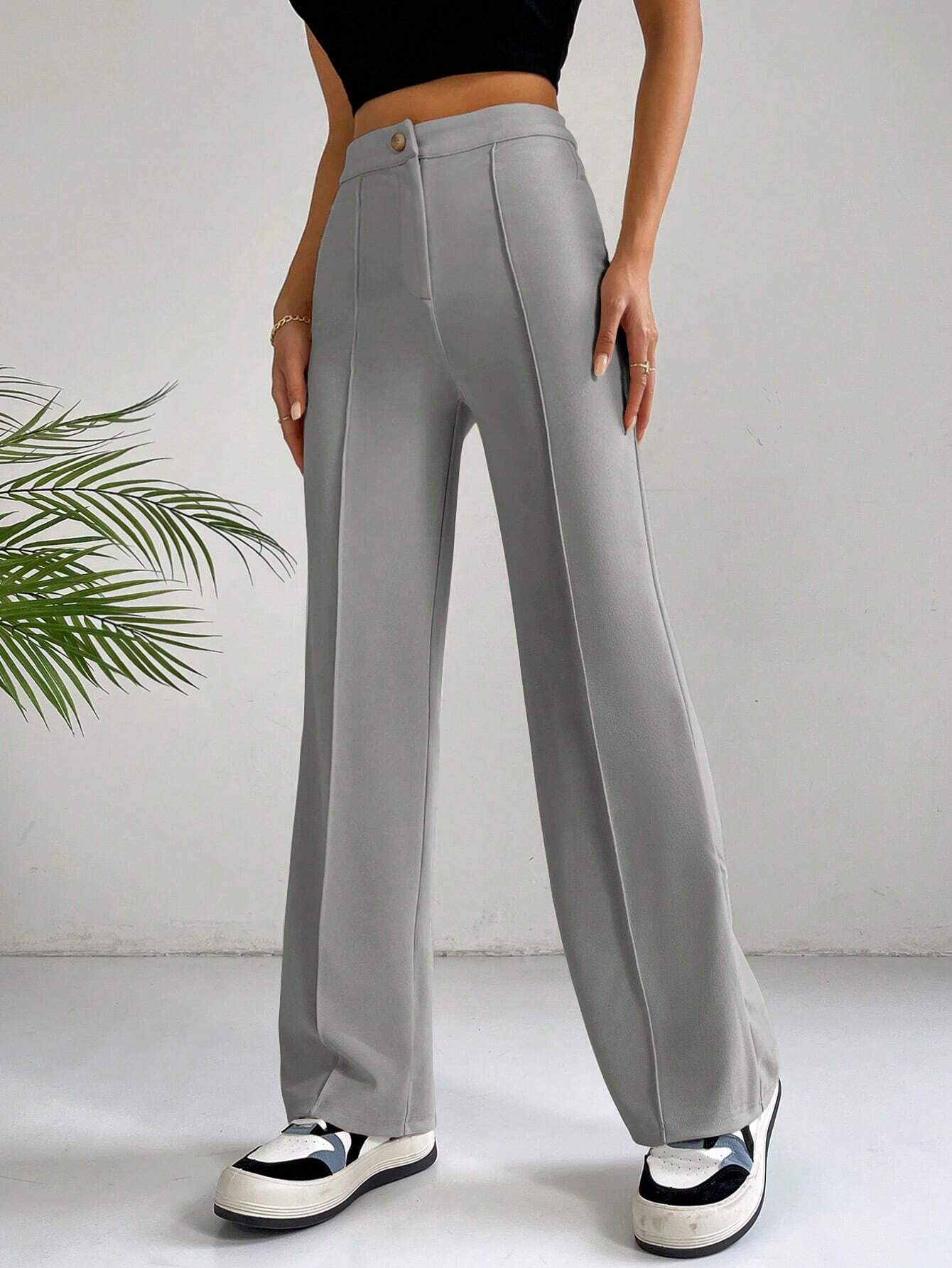 EZwear Y2k Solid Zipper Fly Seam Detail Pants Flare Leggings shein