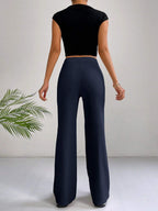 EZwear Y2k Solid Zipper Fly Seam Detail Pants Flare Leggings shein
