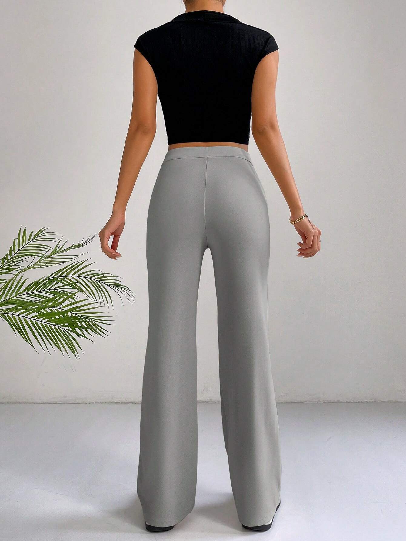 EZwear Y2k Solid Zipper Fly Seam Detail Pants Flare Leggings shein